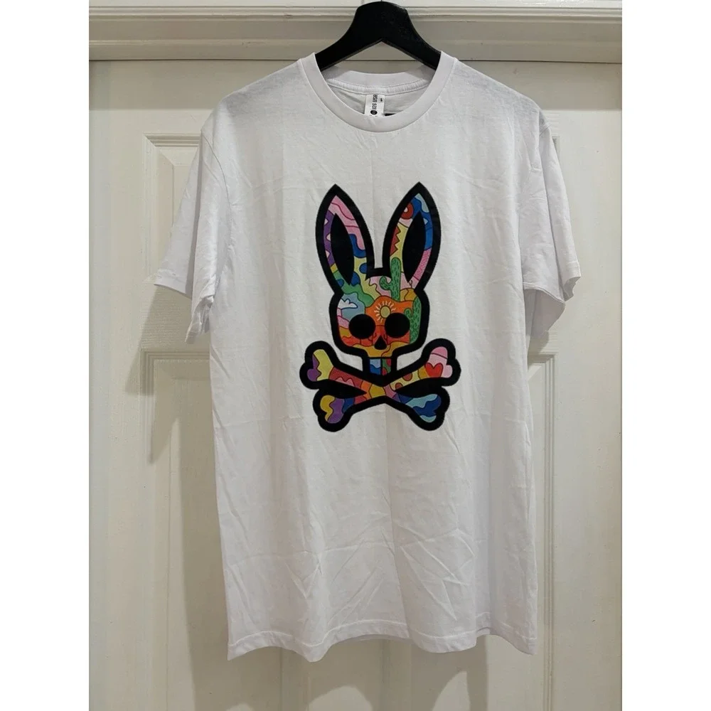 Psycho Bunny Men's Medium White Graphic Skull Bunny T-Shirt Crew Neck - Picture 2 of 6